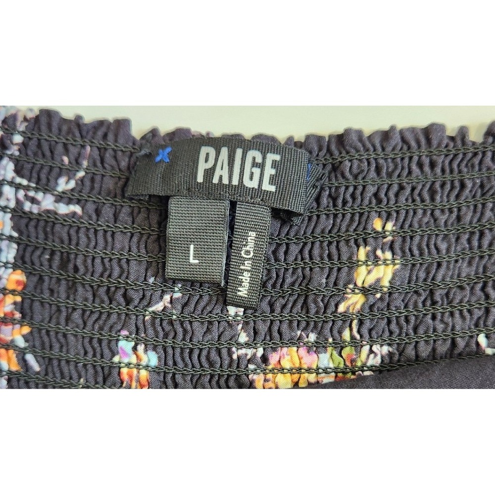 PAIGE Floral Tie Shoulder Midi Dress Black Smocked Back Ruffle Hem Large - Picture 6 of 6